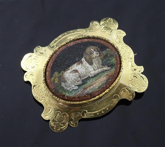 A late 19th century continental engraved 18ct gold mounted micro mosaic brooch, 1.75in.